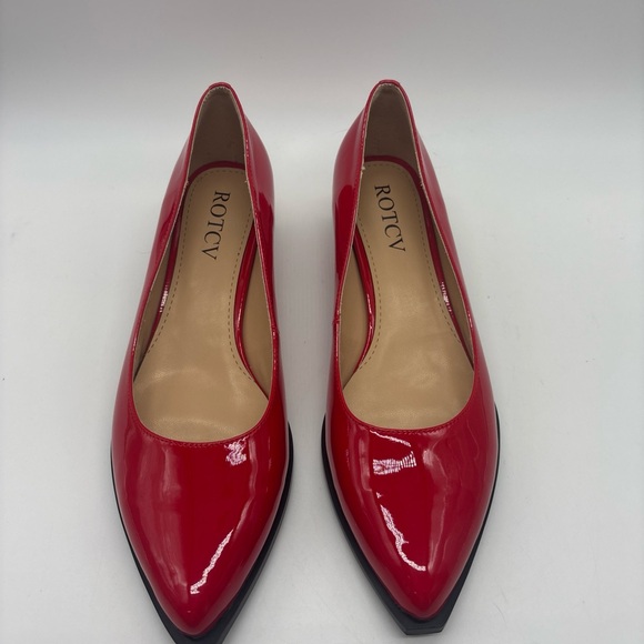 Rotcv Women's Mid Square Heel Patent Leather Pumps, Red, 11.5 - Picture 2 of 6